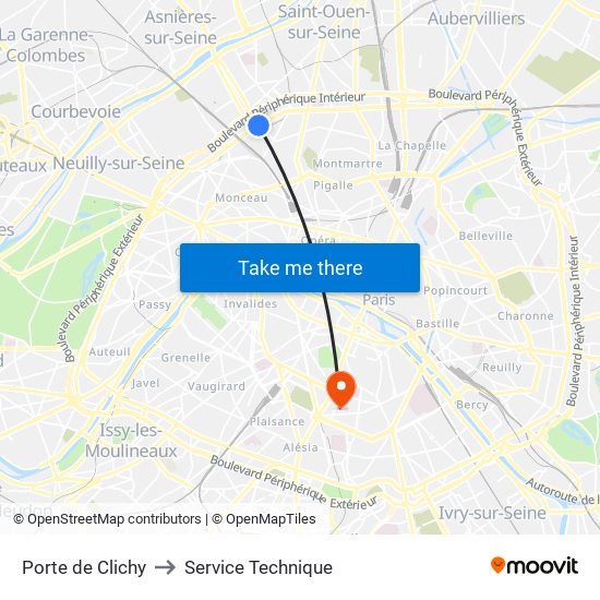 Porte de Clichy to Service Technique map