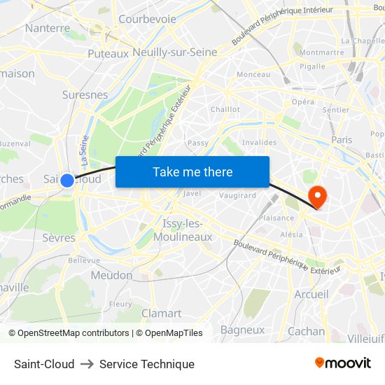 Saint-Cloud to Service Technique map
