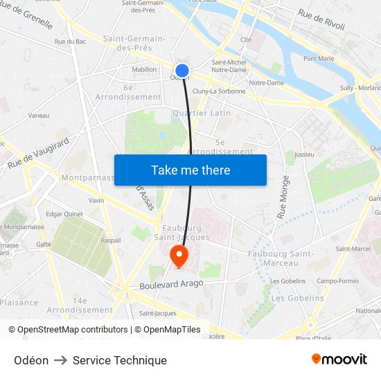 Odéon to Service Technique map