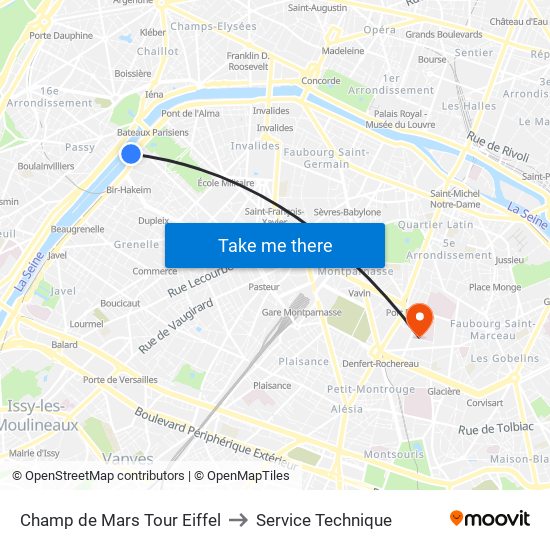 Champ de Mars Tour Eiffel to Service Technique map
