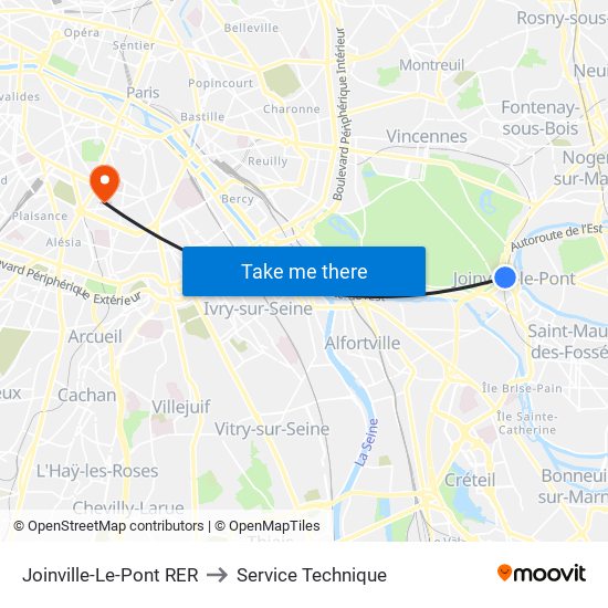 Joinville-Le-Pont RER to Service Technique map
