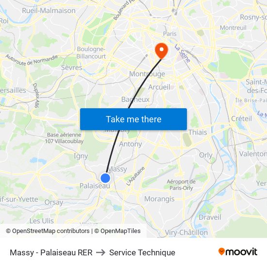 Massy - Palaiseau RER to Service Technique map