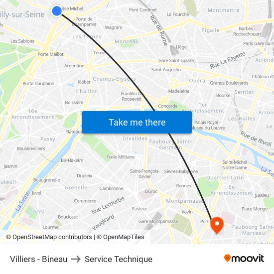 Villiers - Bineau to Service Technique map