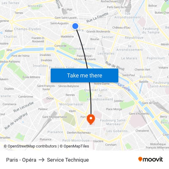 Paris - Opéra to Service Technique map