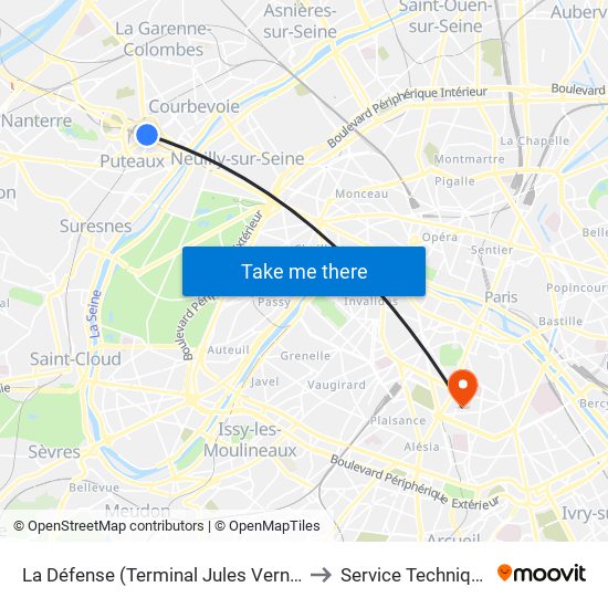 La Défense (Terminal Jules Verne) to Service Technique map