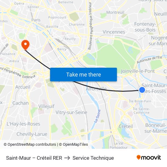 Saint-Maur – Créteil RER to Service Technique map