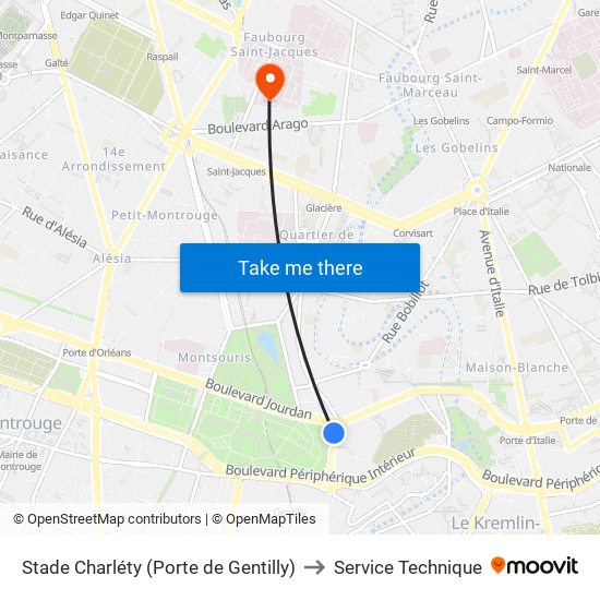 Stade Charléty (Porte de Gentilly) to Service Technique map