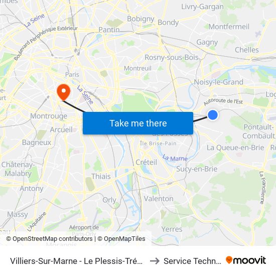 Villiers-Sur-Marne - Le Plessis-Trévise RER to Service Technique map