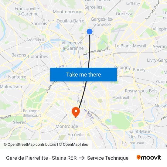 Gare de Pierrefitte - Stains RER to Service Technique map