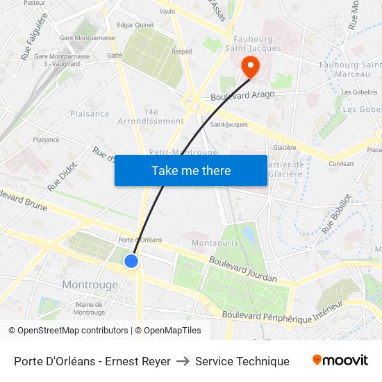 Porte D'Orléans - Ernest Reyer to Service Technique map