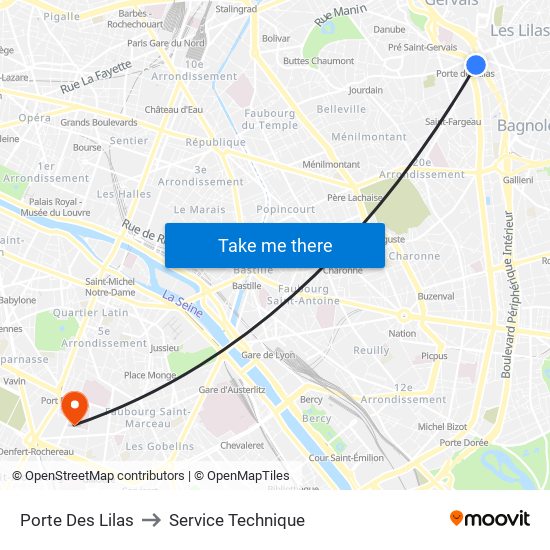 Porte Des Lilas to Service Technique map