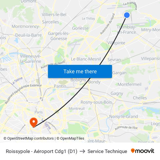 Roissypole - Aéroport Cdg1 (D1) to Service Technique map