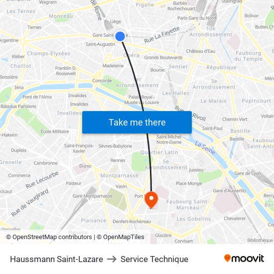 Haussmann Saint-Lazare to Service Technique map
