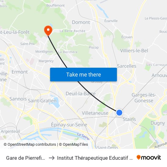 Gare de Pierrefitte - Stains RER to Institut Thérapeutique Educatif Et Pédagogique la Mayotte map