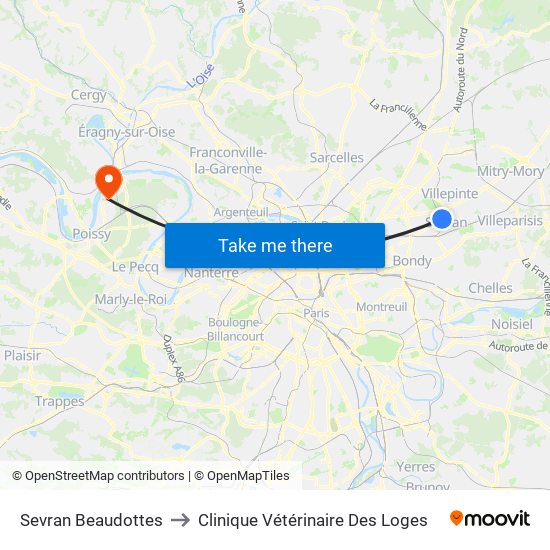 Sevran Beaudottes to Clinique Vétérinaire Des Loges map
