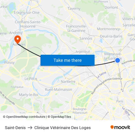 Saint-Denis to Clinique Vétérinaire Des Loges map