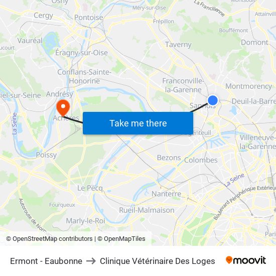 Ermont - Eaubonne to Clinique Vétérinaire Des Loges map