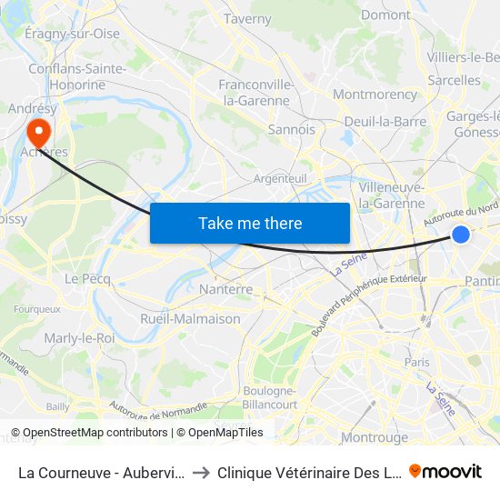 La Courneuve - Aubervilliers to Clinique Vétérinaire Des Loges map