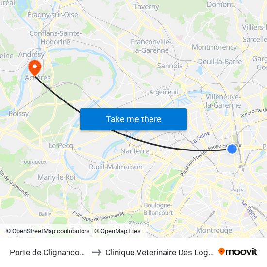 Porte de Clignancourt to Clinique Vétérinaire Des Loges map