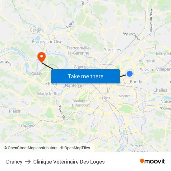 Drancy to Clinique Vétérinaire Des Loges map