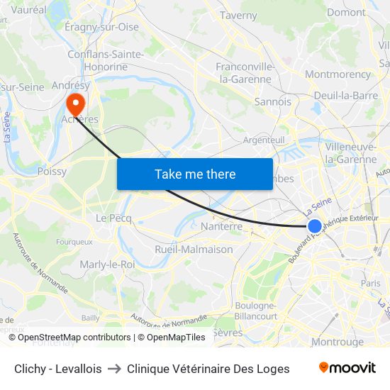Clichy - Levallois to Clinique Vétérinaire Des Loges map