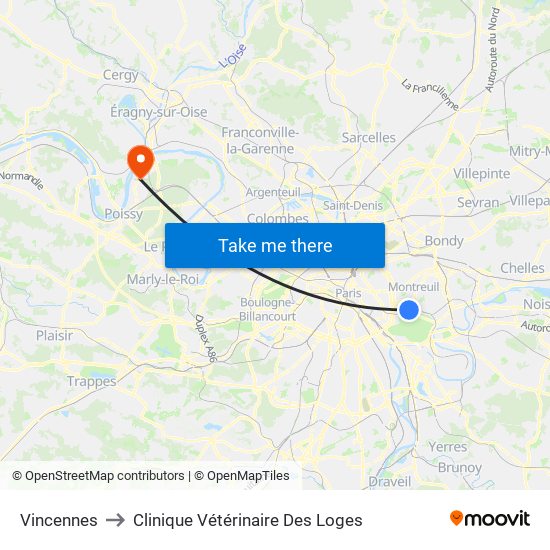 Vincennes to Clinique Vétérinaire Des Loges map