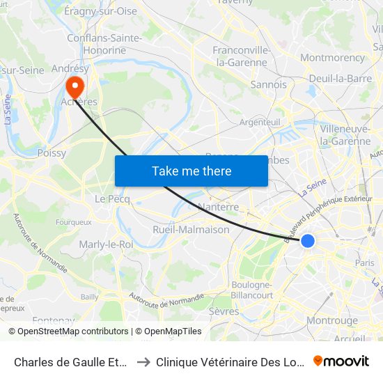 Charles de Gaulle Etoile to Clinique Vétérinaire Des Loges map