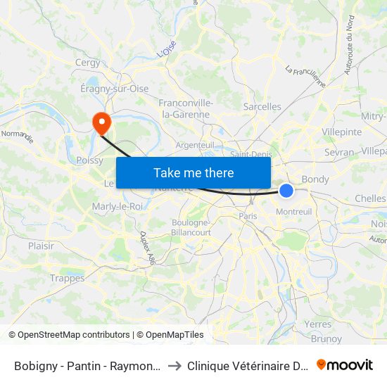 Bobigny - Pantin - Raymond Queneau to Clinique Vétérinaire Des Loges map