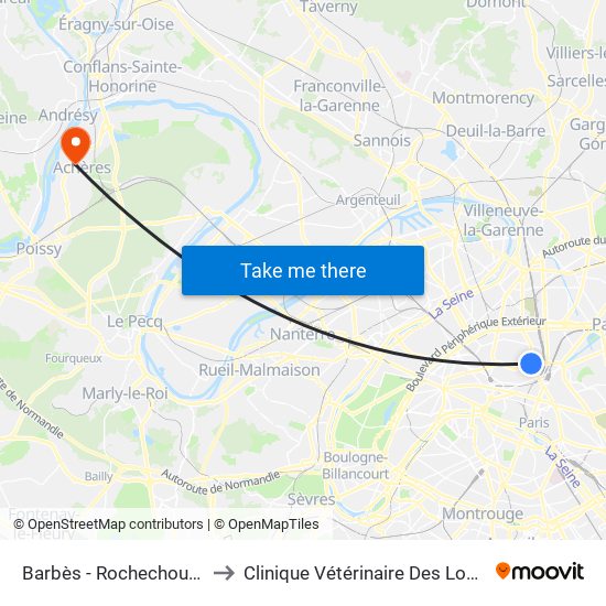 Barbès - Rochechouart to Clinique Vétérinaire Des Loges map