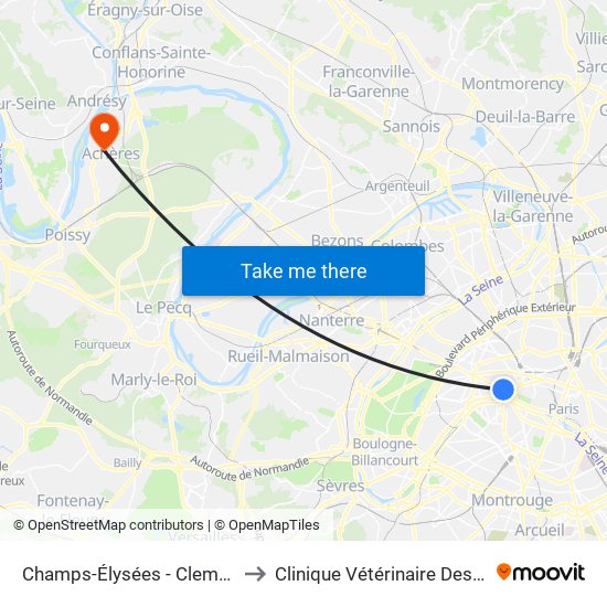 Champs-Élysées - Clemenceau to Clinique Vétérinaire Des Loges map