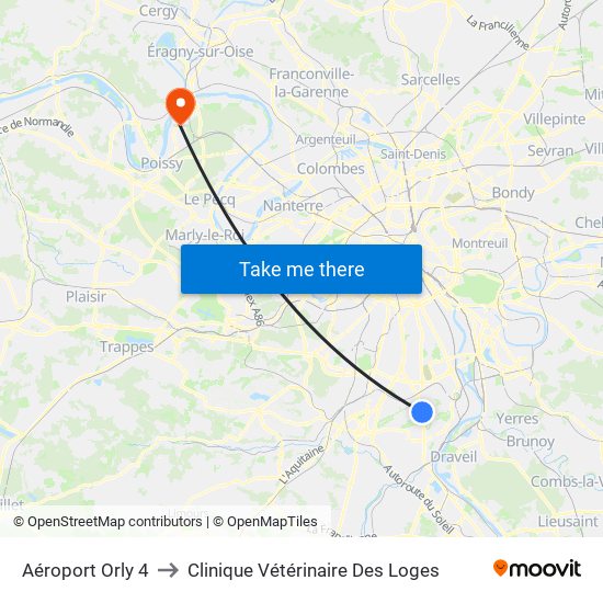 Aéroport Orly 4 to Clinique Vétérinaire Des Loges map