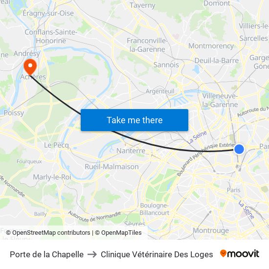 Porte de la Chapelle to Clinique Vétérinaire Des Loges map