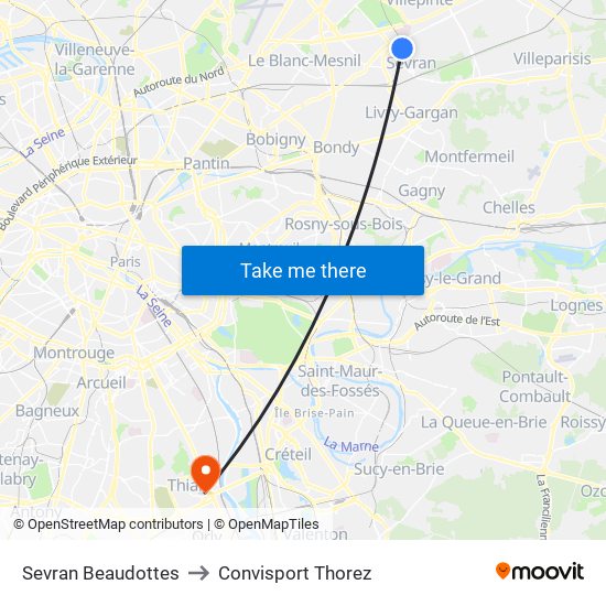 Sevran Beaudottes to Convisport Thorez map