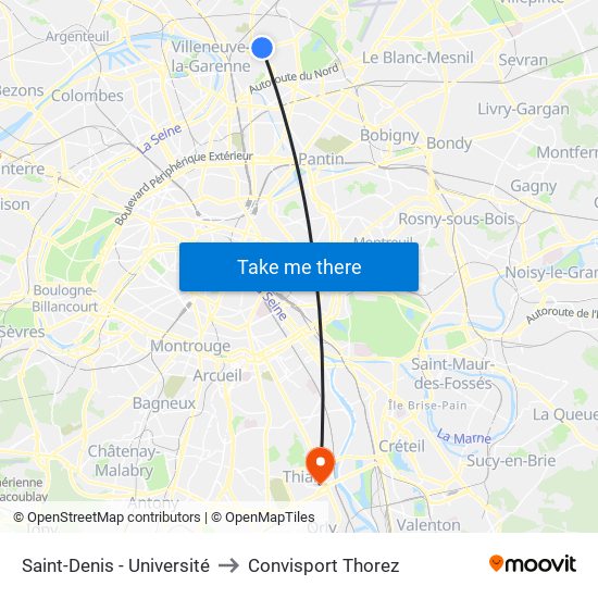 Saint-Denis - Université to Convisport Thorez map