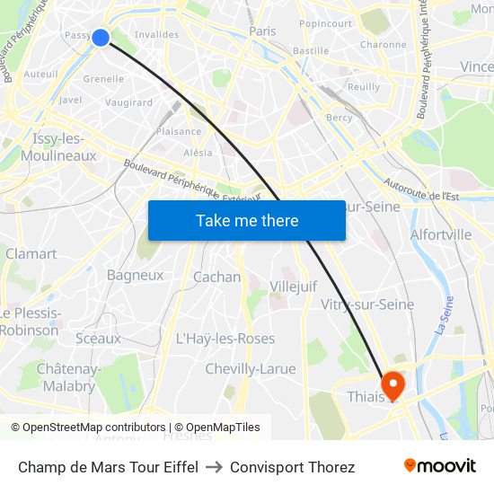 Champ de Mars Tour Eiffel to Convisport Thorez map