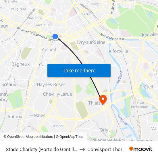 Stade Charléty (Porte de Gentilly) to Convisport Thorez map