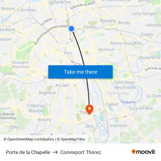 Porte de la Chapelle to Convisport Thorez map