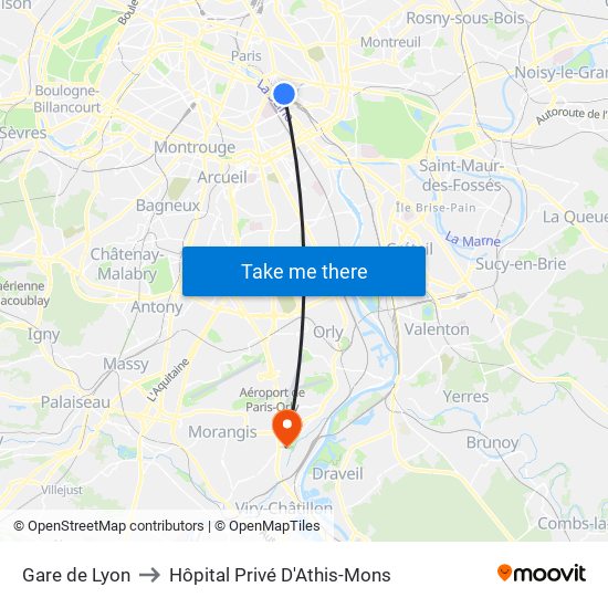 Gare de Lyon to Hôpital Privé D'Athis-Mons map