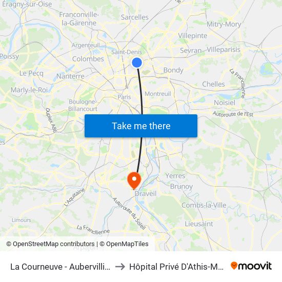 La Courneuve - Aubervilliers to Hôpital Privé D'Athis-Mons map