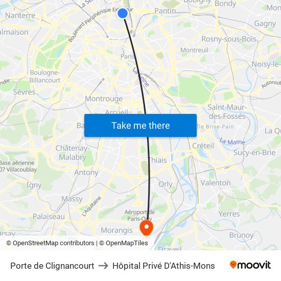 Porte de Clignancourt to Hôpital Privé D'Athis-Mons map