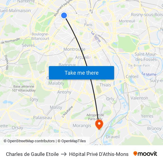 Charles de Gaulle Etoile to Hôpital Privé D'Athis-Mons map