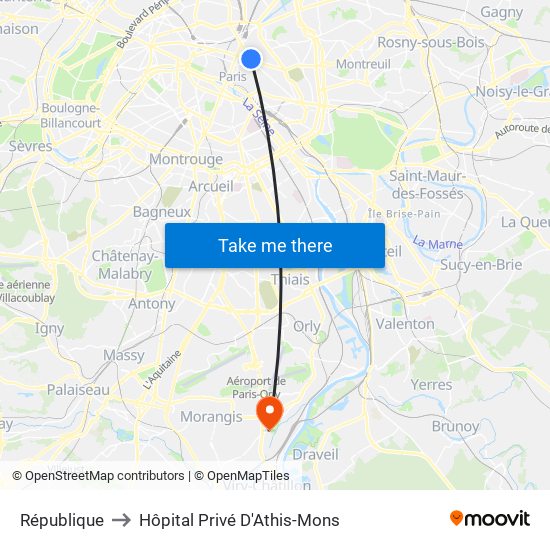 République to Hôpital Privé D'Athis-Mons map