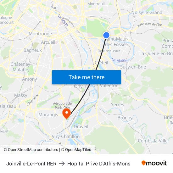 Joinville-Le-Pont RER to Hôpital Privé D'Athis-Mons map