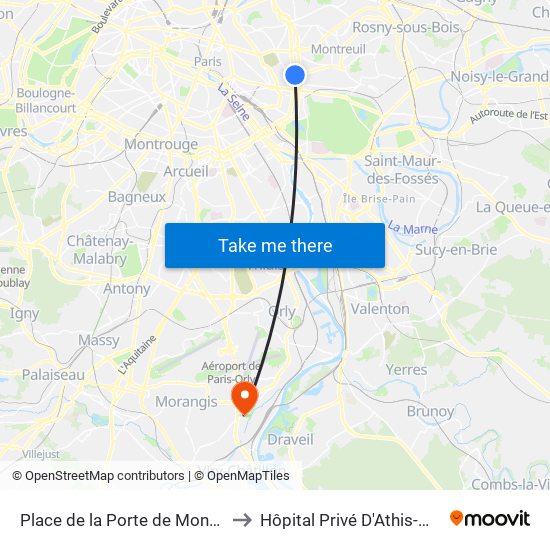Place de la Porte de Montreuil to Hôpital Privé D'Athis-Mons map