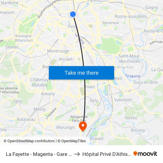 La Fayette - Magenta - Gare du Nord to Hôpital Privé D'Athis-Mons map