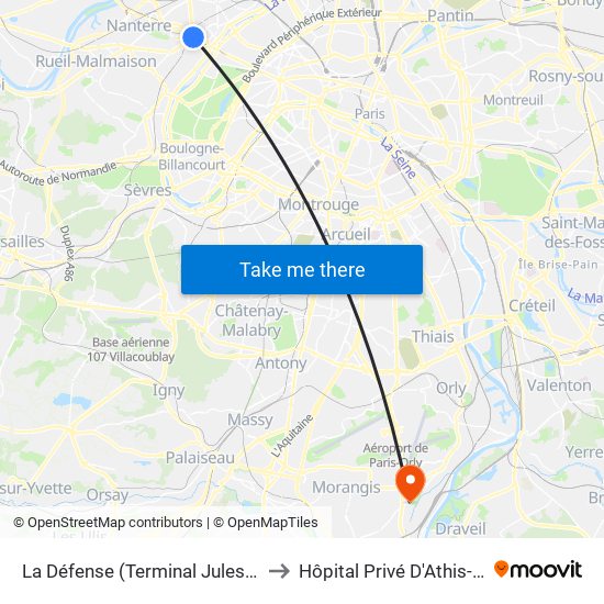 La Défense (Terminal Jules Verne) to Hôpital Privé D'Athis-Mons map