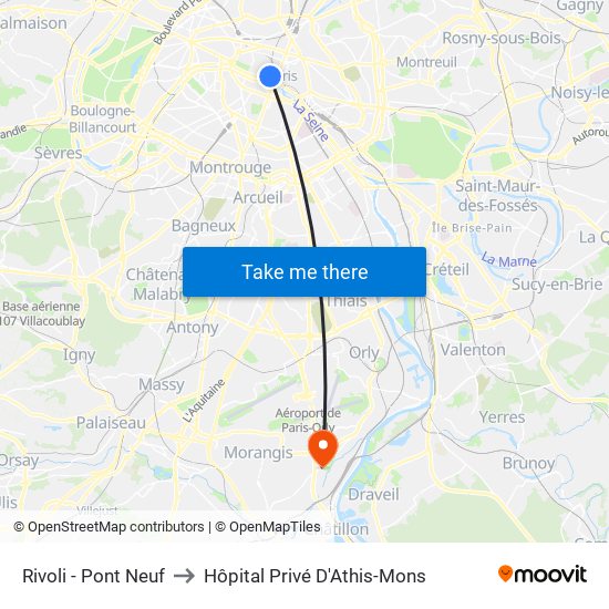 Rivoli - Pont Neuf to Hôpital Privé D'Athis-Mons map