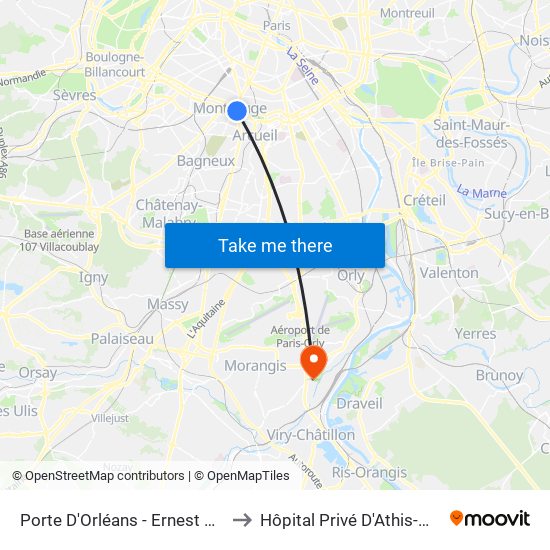 Porte D'Orléans - Ernest Reyer to Hôpital Privé D'Athis-Mons map