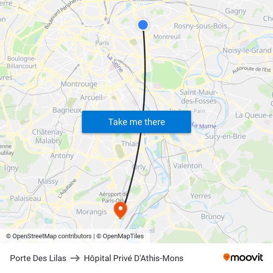 Porte Des Lilas to Hôpital Privé D'Athis-Mons map