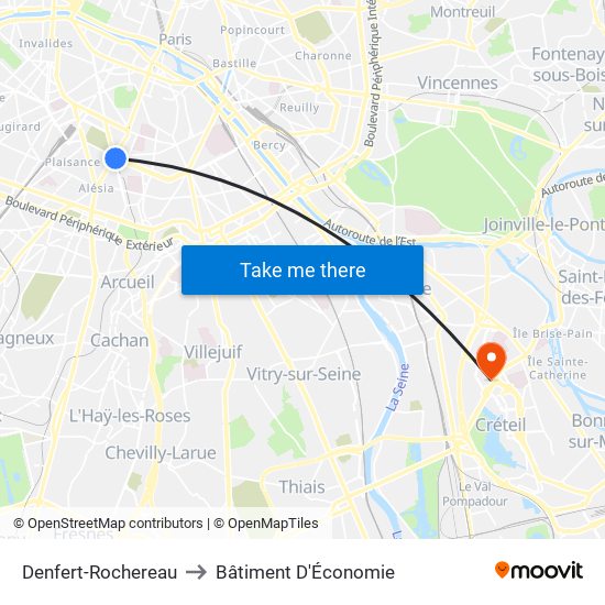 Denfert-Rochereau to Bâtiment D'Économie map